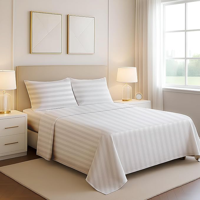 Mayfair Linen 100% Egyptian Cotton Sheets Queen Size - 1200 Thread Count 4 PC Damask Queen Sheet Set Egyptian Cotton, Sateen Luxury Sheet, High Thread Count Sheets, 17" Deep Pocket - White Stripe
