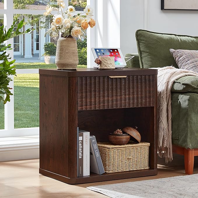 LEYAOYAO Fluted Farmhouse Nightstand Set of 2 with Charging Station, 23" Wide 1 Drawers Night Stand,Walnut Dresser for Bedroom,Bed Side Table Chest of Drawers,Wood End Table for Living Room