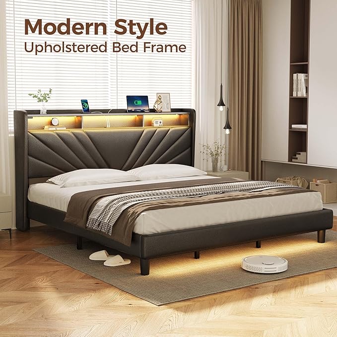Rolanstar King Size Bed Frame, Storage Headboard with Charging Station and LED Lights, Upholstered Bed with Heavy Duty Wood Slats, No Box Spring Needed, Noise Free, Easy Assembly, Black