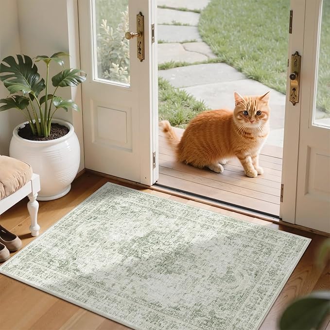 2x3 Vintage Washable Area Rugs for Entryway Soft Non-Slip Bath Mat Boho Medallion Distressed Retro Accent Carpet Floral Low Pile Indoor Throw Rug for Kitchen Laundry Living Room Bedroom, Green