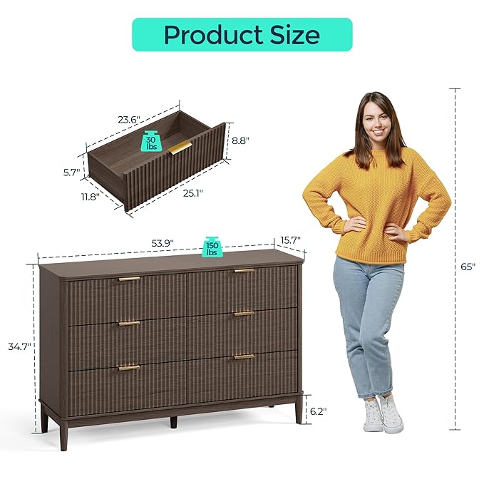 LINSY Fluted Dresser for Bedroom with 6 Drawers, Mid Century Modern Chest of Drawers with Gold Metal Handles, Wide Boho Wood Dressers, Large Farmhouse Storage Cabinet for Bedroom, Living Room, Walnut