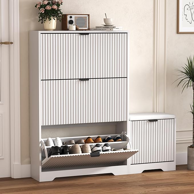 Shoe Cabinet Storage for Entryway with 4 Flip Drawers, White Fluted Shoe Cabinet with Bench, Wooden Hidden Shoe Rack Freestanding Narrow Slim Shoes Storage Organizer for Hallway, Entrance
