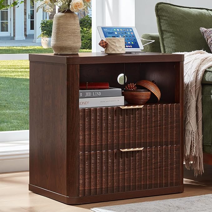 LEYAOYAO Fluted Nightstand with Charging Station, 23" Wide 2 Drawers Night Stand,Walnut End Table with Open Storage,Farmhouse Bed Side Tables, Wood Dresser for Bedroom, Living Room, Closet