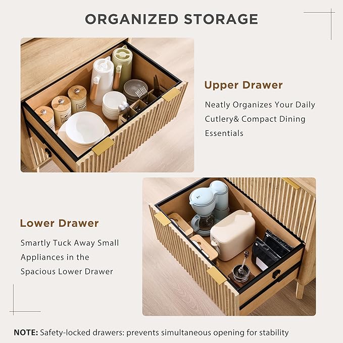 T4TREAM Modern Fluted Sideboard Buffet Cabinet with Drawers Storage, 30" Modular Accent Cabinet for Credenza, Entryway & Hallway, Natural Oak