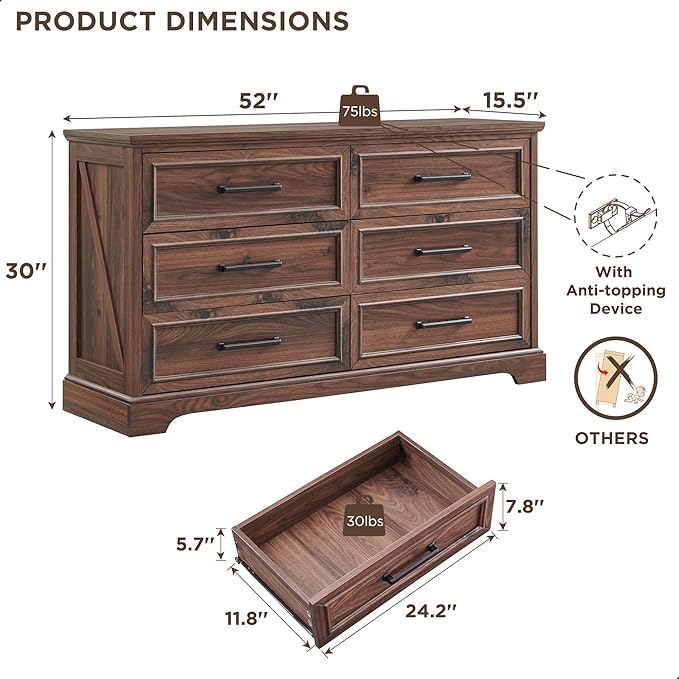 JXQTLINGMU Farmhouse 6 Drawers Dresser for Bedroom, 52'' Wide Large Wood Dressers with Bar Handles, Chests of Drawers with Storage Dressers Organizer for Bedroom, Hallway, Brown