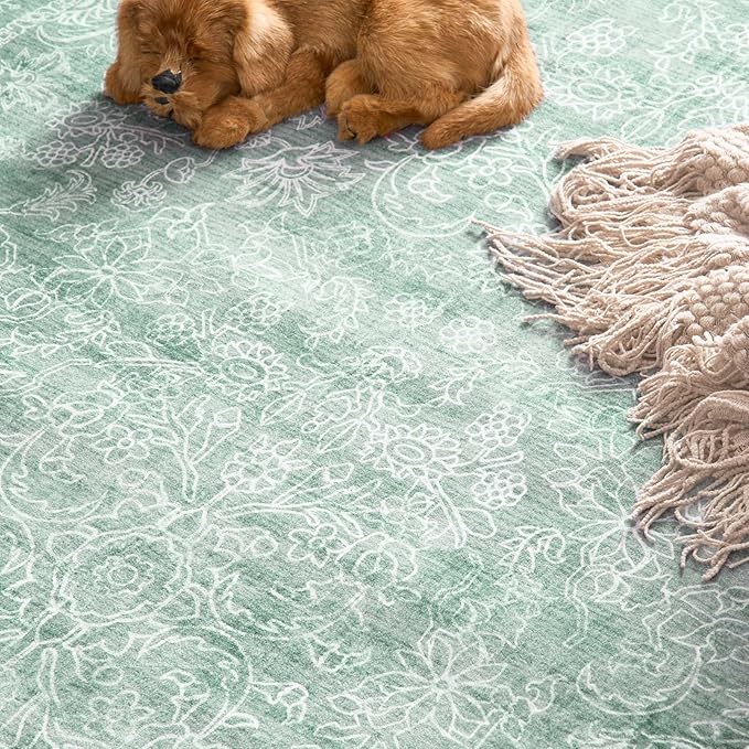 jinchan 2x3 Washable Rug for Entryway - Kitchen Mats Vintage Floral Ultra-Thin Low Pile Soft Throw Small Non-Slip Distressed Doormat Accent Rug for Entrance Bathroom Bedroom (2'x3', Green)
