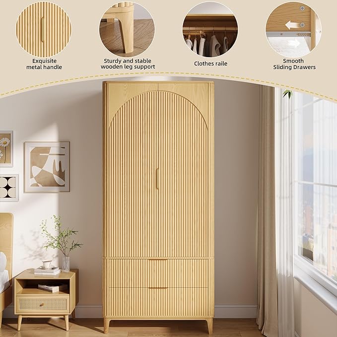 70.1" Arched Wooden Armoire Wardrobe Closet with 2 Doors and 2 Drawers,Fluted Bedroom Armoire with Hanging Rod Shelf,Wardrobe Armoire Closet Cabinet for Bedroom (Natural, 19.7)