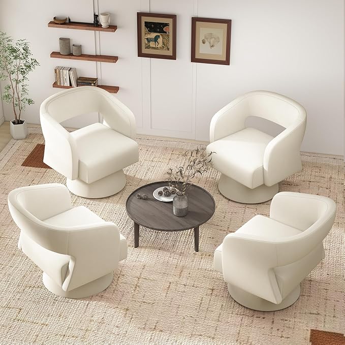 Swivel Accent Chair Set of 2, Modern Comfy Chenille Barrel Chairs, Oversized Upholstered Round Arm Chair for Living Room, Bedroom, Reading Room, Beige