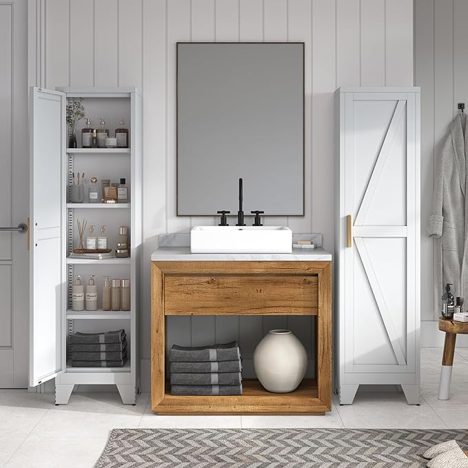 COFaR Tall Bathroom Storage Cabinet, Metal Farmhouse Narrow Slim Cabinet with Adjustable Shelves Barn Door for Bathrooms, Kitchens, Entrances Living Room (White)