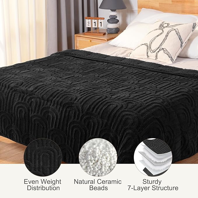 Sherpa Fleece Adult Weighted Blanket Great for Sleep, 15 lbs Dual Sided Soft Fuzzy Heavy Blankets for Couch Bed Sofa, Cozy Warm Fluffy Arched Jacquard Throw for Winter (Black, 48" x 72", 15 Pounds)