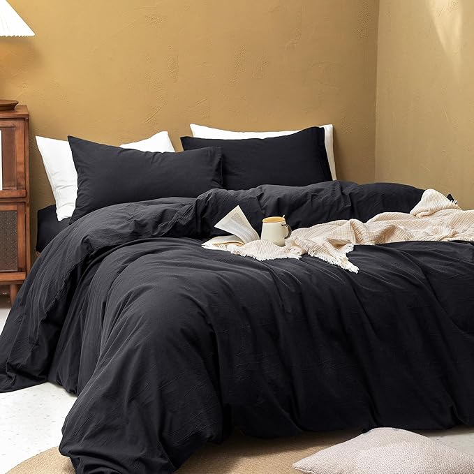 FOSSA Duvet Cover Set 100% Washed Cotton Linen Feel Super Soft Breathable Cozy 3 Pieces Bedding Sets Solid Black Twin/Twin XL