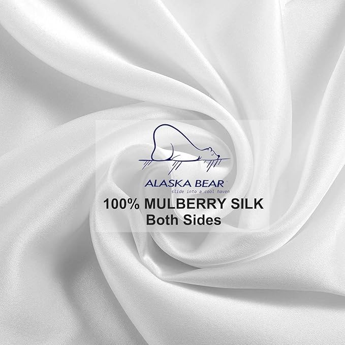 ALASKA BEAR Silk Pillowcase for Hair and Skin, Set of 2 Pure Genuine 22 Momme Mulberry Silk Pillow Cases Standard Size for Bliss Sleep Better Than Poly Satin, Zipper Closure(2pc, Cool White)