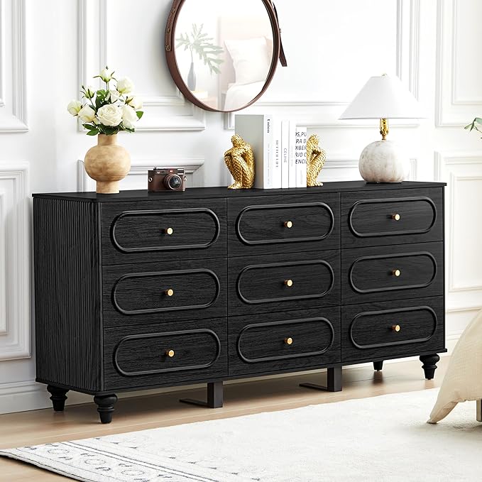 9 Drawer Fluted Dresser for Bedroom, Mid Century Modern Chest of Drawers, Wood Storage Small Dresser Organizer for Bedroom Living Room Hallway Closet, Black