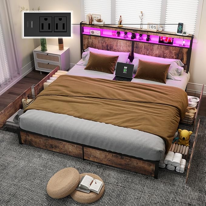 King Size Bed Frame with 4 Storage Drawers and Headboard with Charging Station and LED Lights,2 Tier Solid Wood Headboard Storage,Noise Free,Easy Assembly, Vintage Brown