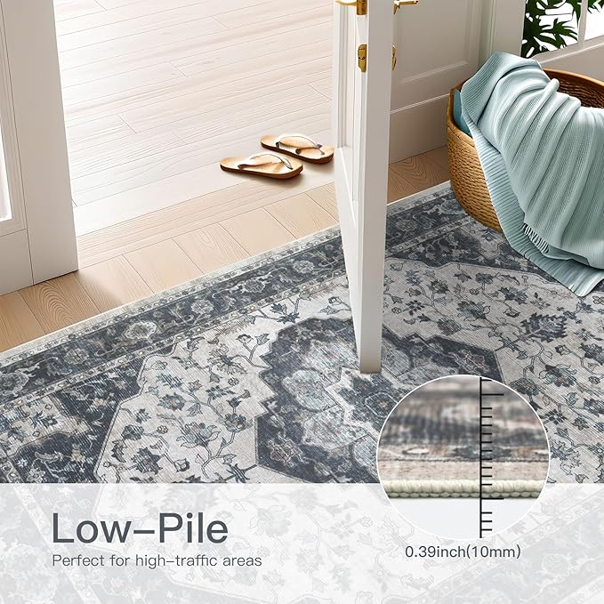 5x7 Vintage Washable Area Rug for Living Room,Low Pile Non Slip Carpet Non-Shedding Area Rug Soft Indoor Stain Resistant Rug Floral Print Mat for Bedroom Dining Room Blue Beige