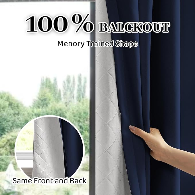 3-in-1 100% Blackout Curtains 120 Inches Long, Thermal Insulation, Soundproof Back Tab Drapes for Bedroom Living Room Sliding Glass Door, with Pin Hooks, Navy Blue 50x120 Inch 1 Panel