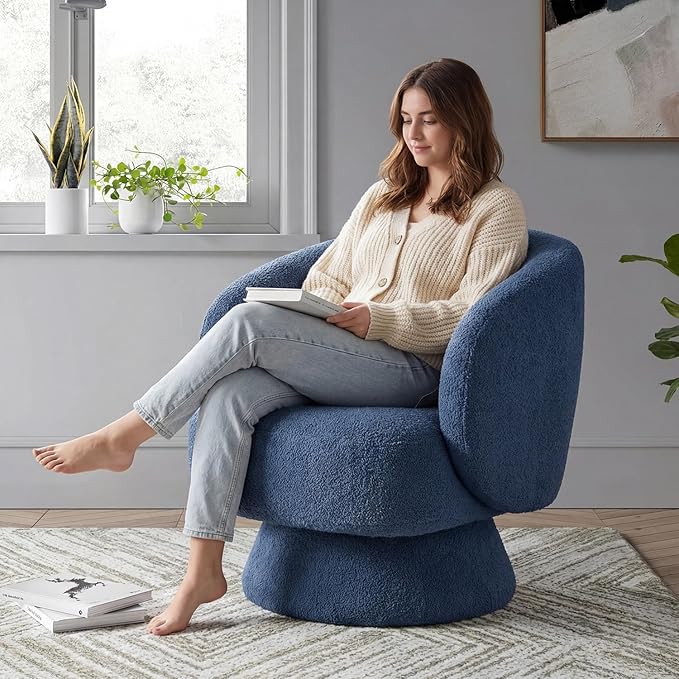Swivel Accent Chair, Modern 360 Degree Swivel Barrel Chair with Arms & Curved Back and Lumbar Support Cushion, Comfy Round Single Boucle Sofa for Small Space, Living Room, Bedroom, Blue