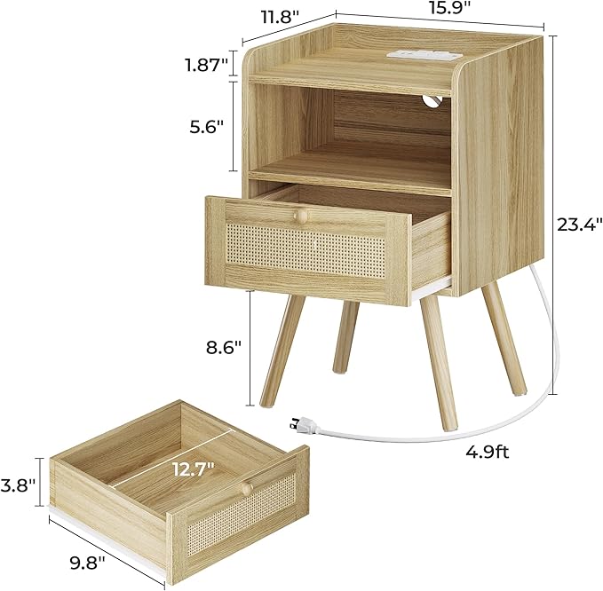 SUPERJARE Nightstands Set of 2, Night Stands with Charging Station & PE Rattan Decor Drawer, Bed Side Tables with Solid Wood Feet, End Table, for Bedroom, Living Room - Natural