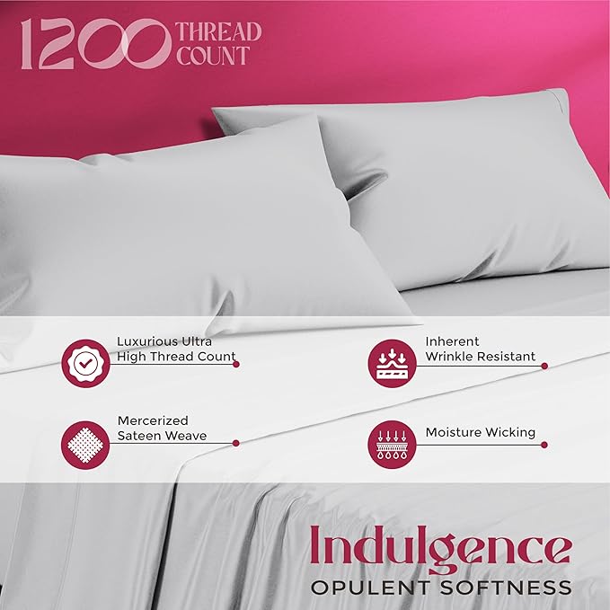 Mayfair Linen 100% Egyptian Cotton Full Size Bed Sheets - Luxury 1200 Thread Count Egyptian Cotton Sheets Full Size Bed Set (4 PC, Light Grey), Soft, Cooling, 17" Deep Pocket Sateen Weave Bedding