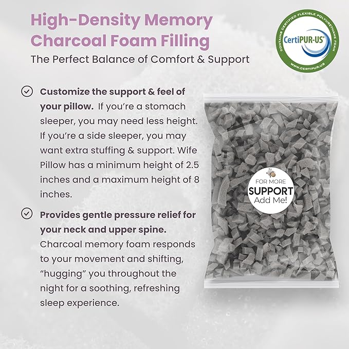 Wife Pillow - Topper, Rayon Shell/Charcoal Shredded High Density Memory Foam Filling. Adjustable for Side Sleepers by Zipper Access to Add/Remove Fill for Best Sleeping: High Denisty Support