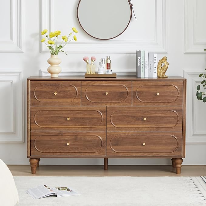 ORRD Fluted 7 Drawer Dresser for Bedroom, Modern Mid Century Chest of Drawers, Wood Storage Large Dresser Organizer for Bedroom Living Room Closet Hallway, Walnut