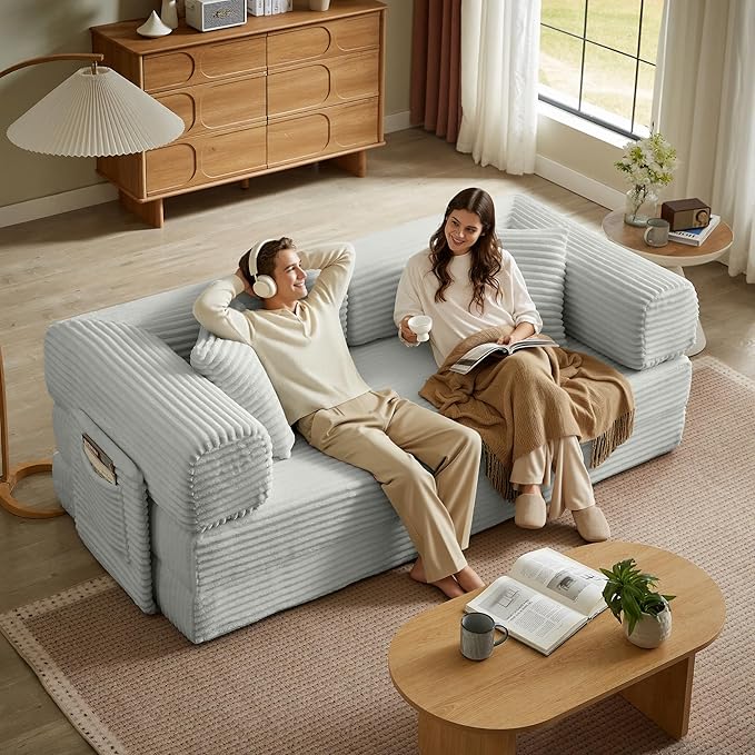 Boneless Couch Folding Couches for Living Room Sofa, Futon Sofa Bed with Sleeper Sofa, Futon Couch with Fixed-Shape Oversized Corduroy Upholstered (Light Grey, 81 Inches)