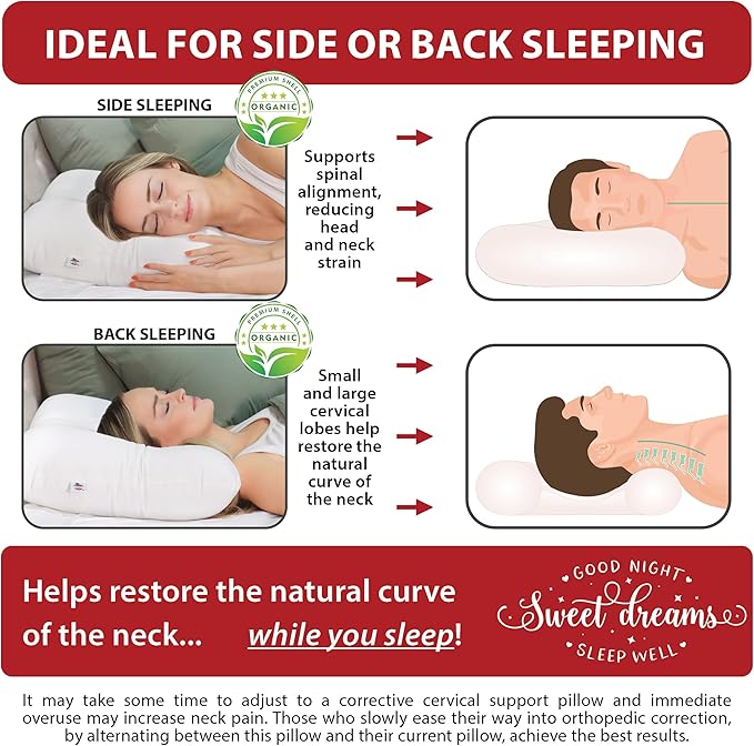 Core Products Tri-Core Natural Cervical Support Pillow for Neck Pain Organic Cotton Shell, Great Gift for Back and Side Sleepers, Petite, Gentle