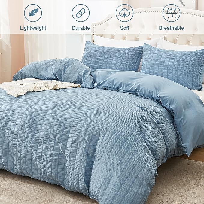 AveLom Grayish Blue Duvet Cover Cal King(104 x 98 inches), 3 Pieces (1 Duvet Cover, 2 Pillowcases), Seersucker Striped Soft Washed Microfiber, Textured Duvet Cover Set with Zipper Closure, Corner Ties