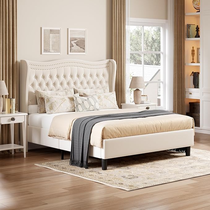 Upholstered Queen Size Bed Frame with Tall Headboard, Velvet Wingback Platform Bed Frame with Deep Button Tufted, No Box Spring Needed, Noise Free, Beige