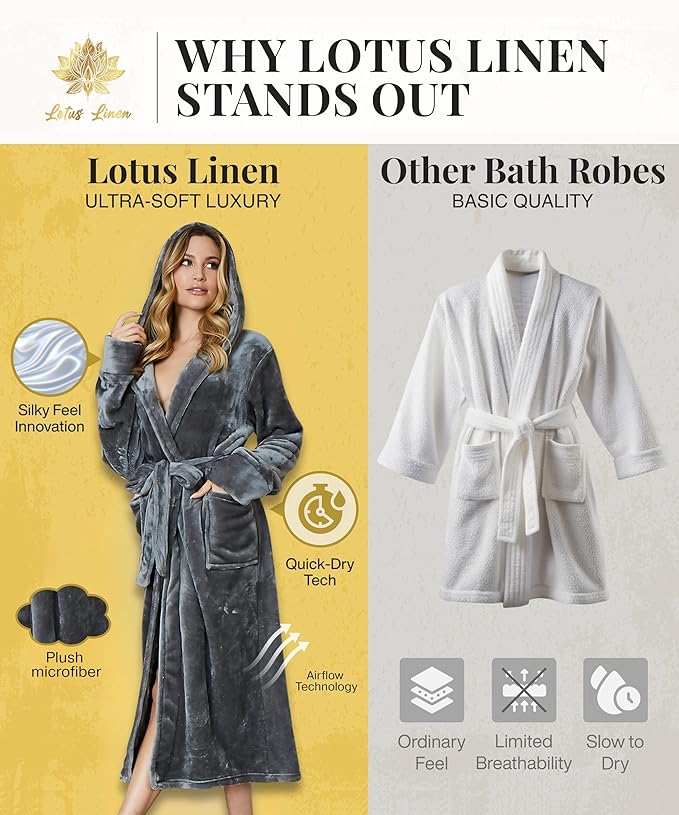 Lotus Linen Plush Robes for Women - Soft Bathrobe, Custom Monogram, Warm Fleece Robe with Pockets