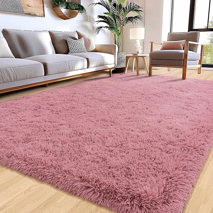 Fluffy Rugs for Living Room, 9x12 Feet Blush Shag Rug for Bedroom Girls Room, Soft Large Fuzzy Plush Carpet for Home Decor