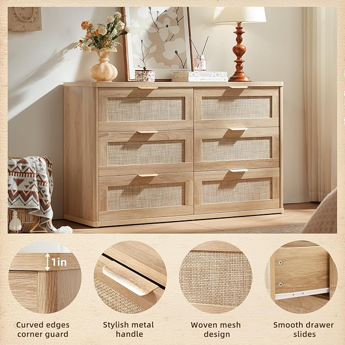 LEYAOYAO Rattan Dresser and Nightstand Set of 3, Boho Wood Dresser for Bedroom with 6 Drawers and Night Stand with Charging Station, Bedroom Furniture, Dressers & Chests of Drawers,Hallway,Living Room