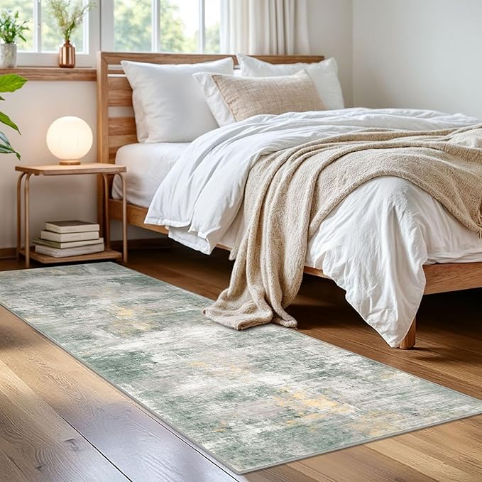 IOHOUZE Abstract Runner Rug 2x6 Ft Washable Runners for Hallways, Non Slip Kitchen Runner Printed Faux Wool Entryway Runner Indoor, Modern Abstract Carpet for Hall Kitchen, Light Green/Gray/Orange
