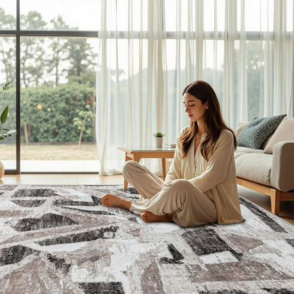 Modern Abstract 5X7 Area Rug for Living Room Bedroom Washable, with Non-Slip Rubber Backing Print Faux Wool Thin, Grey Throw Large Carpet for Kids Playroom Dining Room Pet & Child Friendly
