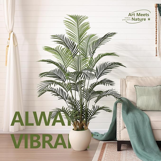 Artificial Palm Plant - 6FT Tall Faux Tree with Realistic Look & UV Protection - Large Indoor Outdoor Fake Floor Plant for Home Office Decor