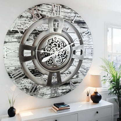 The Gears Clock Real Moving Gear Wall Clock England Line (Grey & White, 36 inches (90 cm))