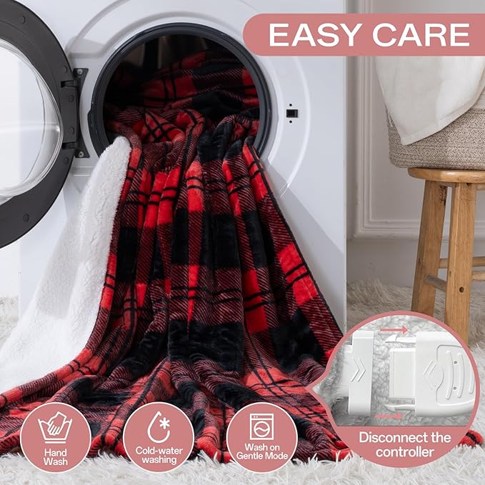 Heated Electric Blanket Twin Size 84" x 62", 8 Heat Settings, 10-Hour Selectable Auto Shut-Off, Fast Heating Blanket, Machine Washable, Warm and Cozy Red Black Plaid Checkered Sherpa Blanket,