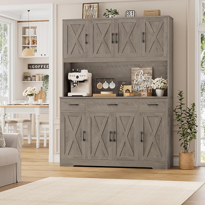 HOSTACK 71" Tall Kitchen Pantry Storage Cabinet with Charging Station, 55" Wide Kitchen Hutch Cabinet with Large Countertop, Farmhouse Food Pantry with Drawers for Living Room (Ash Grey)