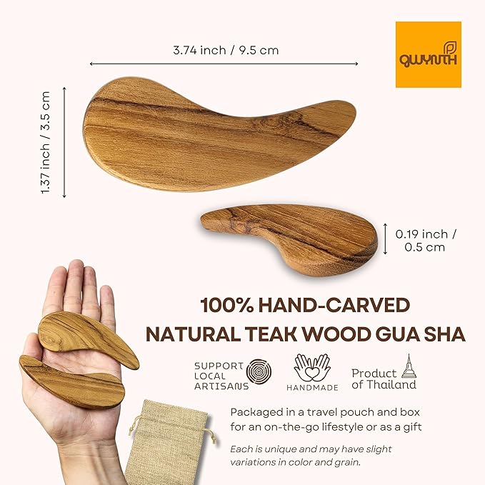 Teak Wood Gua Sha Facial Tool for Face, Arm and Body Massage, Anti-Aging Reduce Puffiness Wrinkles Shape Jawline Skincare Routine Treatment, Wooden Gua Sha Massager with Travel Pouch