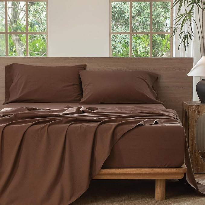 MooMee Bedding Sheet Set 100% Washed Cotton Linen Like Textured Breathable Durable Soft Comfy (Solid Cocoa Brown, Twin XL)