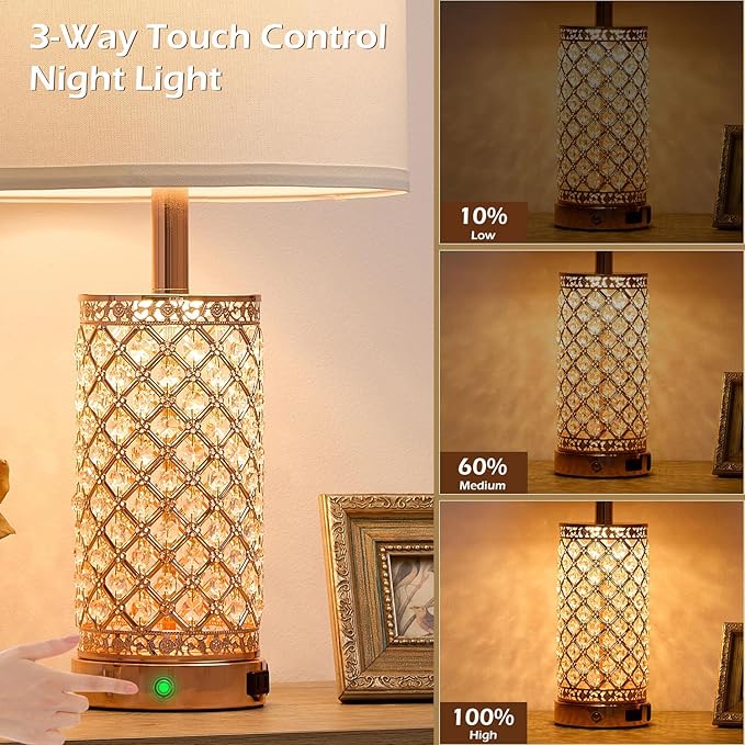 Crystal Table Lamps Modern 3-Way Dimmable Bedside Lamp with 2 USB Ports & AC Outlets for Living Room Bedroom Nightstand Lamp Night Light (Rose Gold-2 Pack 24In)