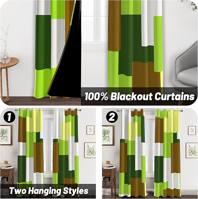 Avocado Green 100% Blackout Curtains for Bedroom 63 inch Long 2 Panels Set White Modern Abstract Geometric Black Out Curtains Insulated Room Darkening Window Drapes for Living Room, 52Wx63L