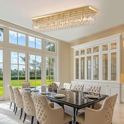 10 Lights Gold Flush Mount Rectangle Chandelier, Modern K9 Crystal Chandeliers Light Fixture Rectangular Raindrop Chandelier Pendant Island Light for Living Dining Room Kitchen Bar L47 Inch