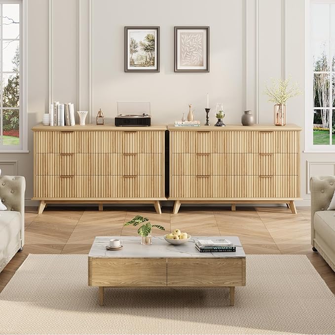 QUW Modern Fluted Dresser for Bedroom with 6 Drawers,47.2" Wood Closet Organizers and Storage,Wide 6 Drawer Dresser with Metal Handle,Hallway,Living Room(Natural Oak)