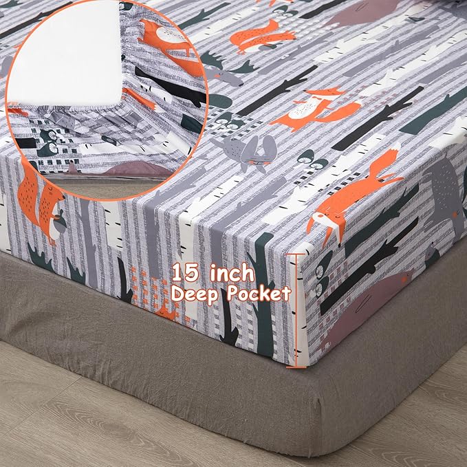 JSD Woodland Animals Kids Printed Sheets Set Twin, 3 Piece Soft Fox Microfiber Bed Sheets Deep Pocket