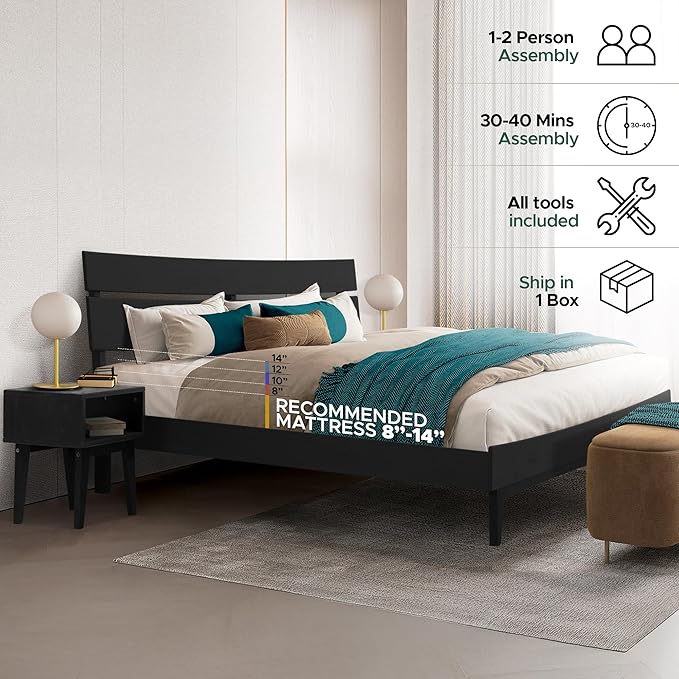 Acacia Aurora Queen Solid Wood Bed Frame with Headboard – Gift Matching Nightstand Included, Mid-Century Modern Farmhouse, Black Ristretto, 800 lbs Capacity, Sturdy, No Box Spring, Easy Assembly