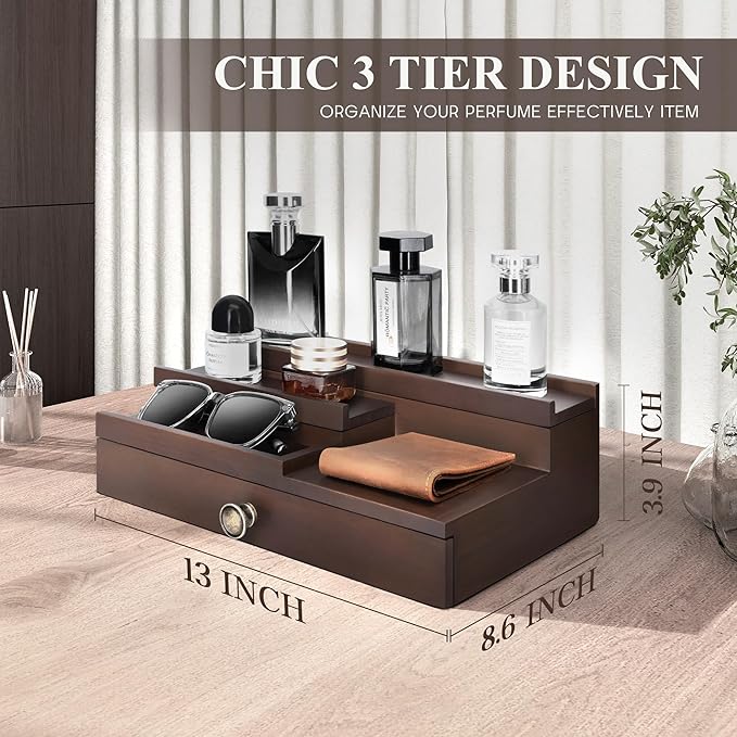 EOSAHR Farmhouse Cologne Organizer for Men - 3 Tier Perfume Organizer with Hidden Compartment and Storage Drawer - Great Gift for Boyfriend or Dad (Retro Brown)