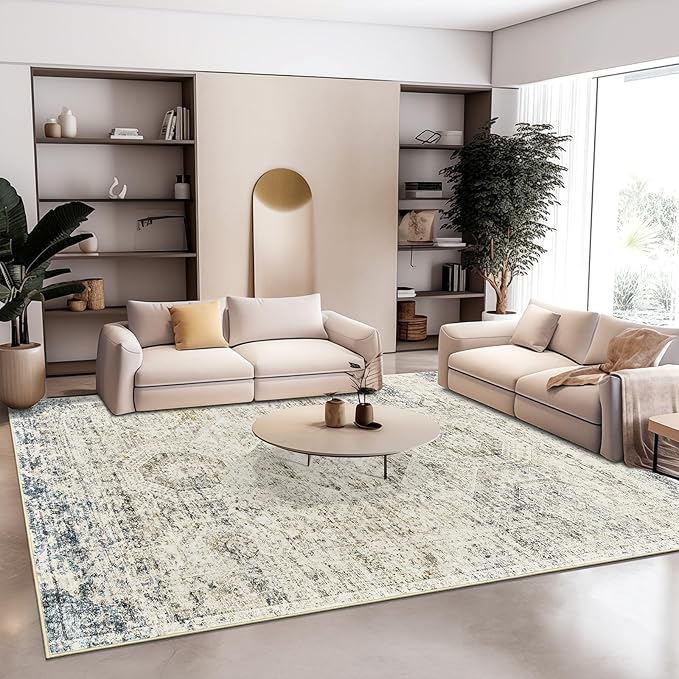 5x7 Area Rugs Blue Ivory Low Pile Indoor Washable Trendy Faded Style Rugs for Bedroom Living Room Dining Room Foldable Non-Slip Thin Print Mat