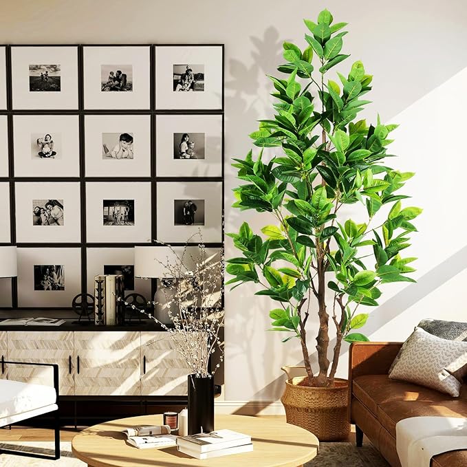 7.2ft Artificial Rubber Tree (85in) with Plastic Nursery Pot Fake Tree, Faux Ficus Plant for Office House Farmhouse Living Room Home Decor (Indoor/Outdoor)