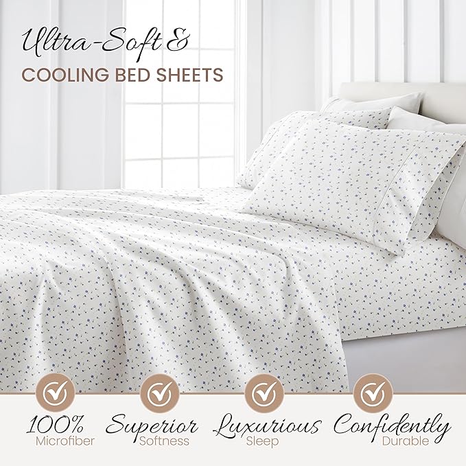 Linen Market Double-Brushed Patterned Microfiber Queen Sheet Set 4 Piece – Oeko-TEX Certified Ultra Soft & Wrinkle-Free - 16" Deep Pocket Sheets - Easy Care Queen Size - Soft Floral Light Blue